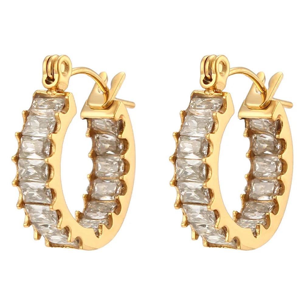 Hypoallergenic Bling Cubic Zirconia Circle Jewelry 18K Gold Plated Chunky Stainless Steel Hoop Earrings for Women