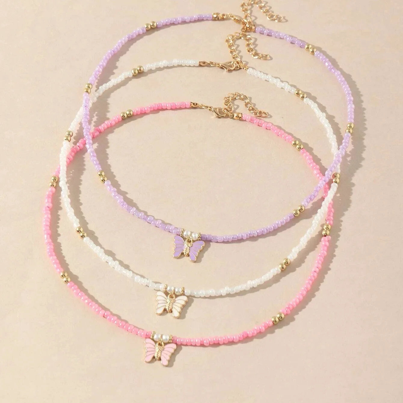Summer Beach Beaded Butterfly Charm Necklace Cute Butterfly Pink Purple Beads Necklace for Women Girls