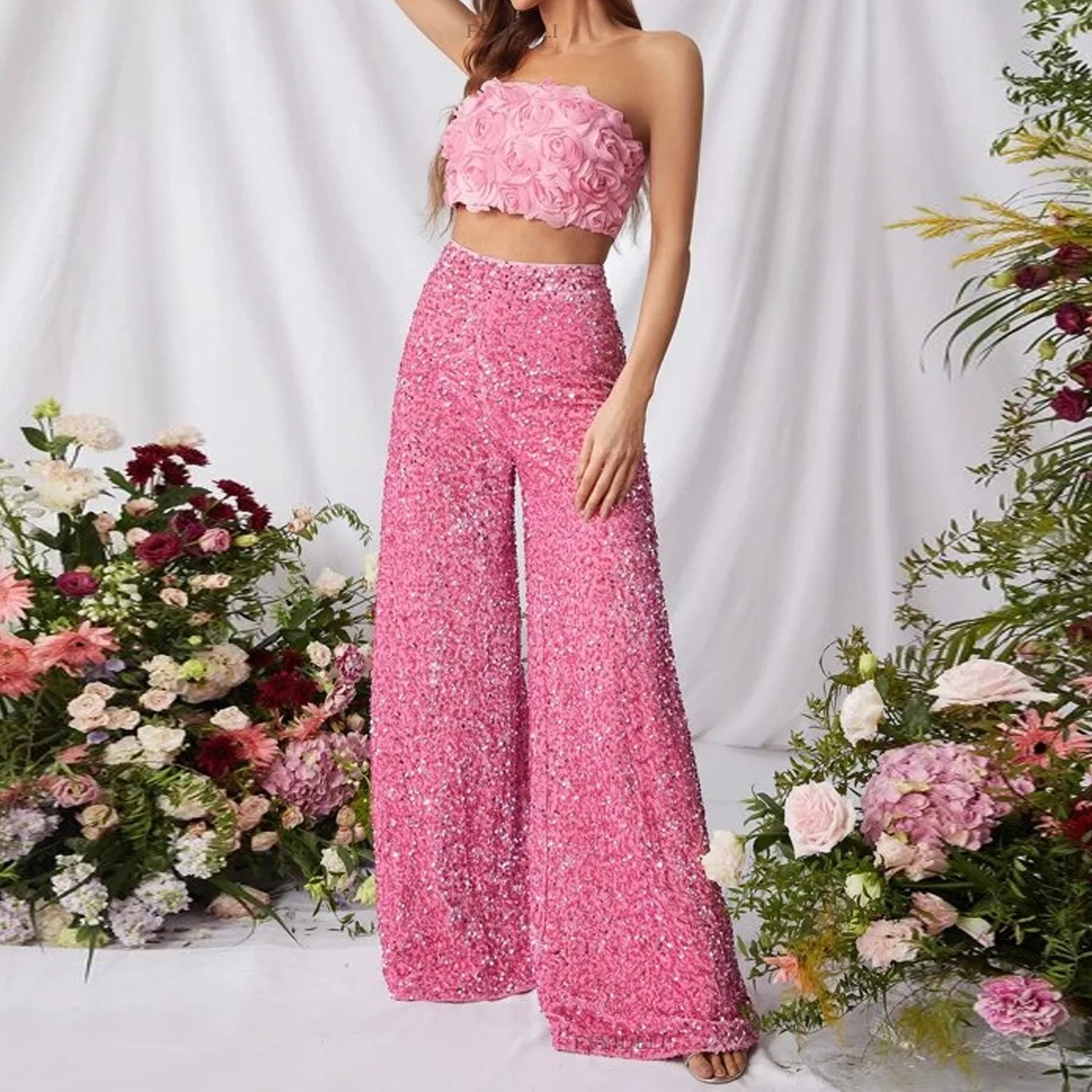 S-XL Summer High Waist Pants Hot Selling Solid Color Sequins in Europe and America Fashionable and Casual Wide Leg Pants