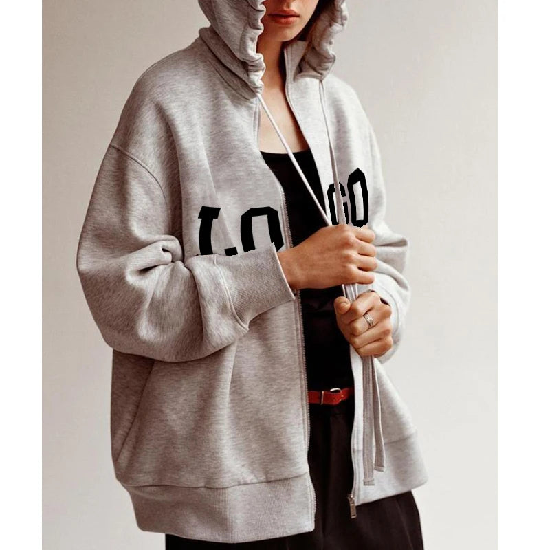 F240102 Spring 2025 Womens Clothing Hoodie Custom Puff Print Graphic Full Zip up Hoodies Casual Oversize Zipper Hooded Jacket