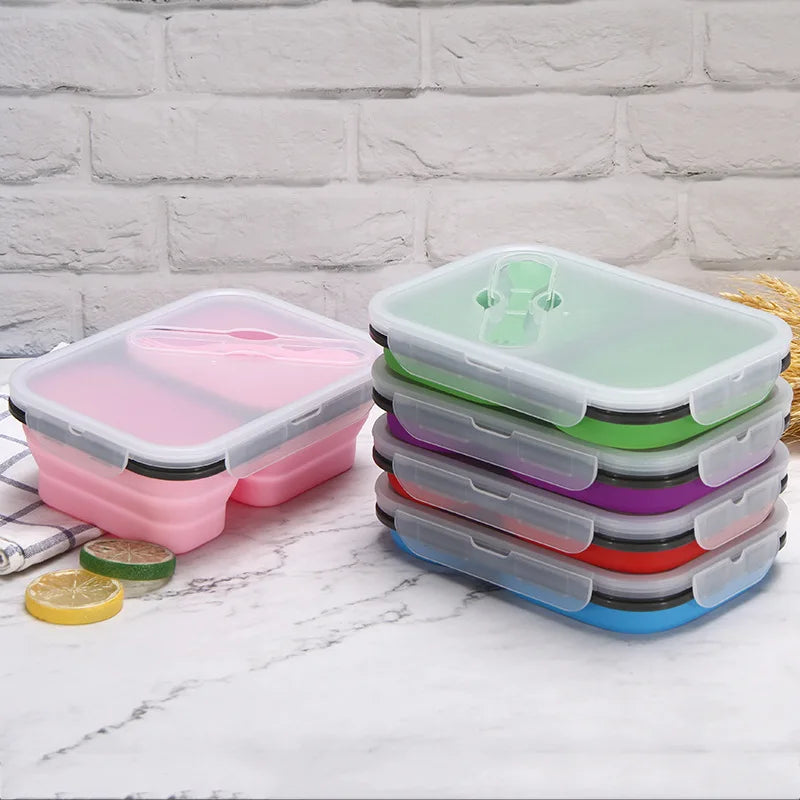 Bento Lunch Box 2 Compartment Durable Silicone Collapsible Heatable Food Storage Containers 600ml+300ml