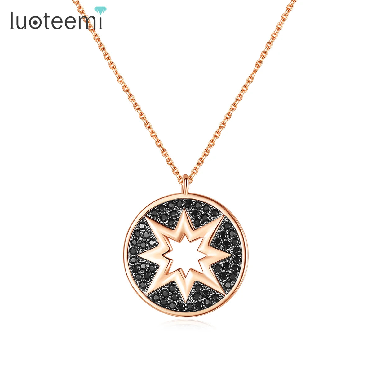 LUOTEEMI Jewelry Woman Charm Pendant Cz Black CZ Diamond Star Dainty Hip Hop Trendy Round Disc Necklace