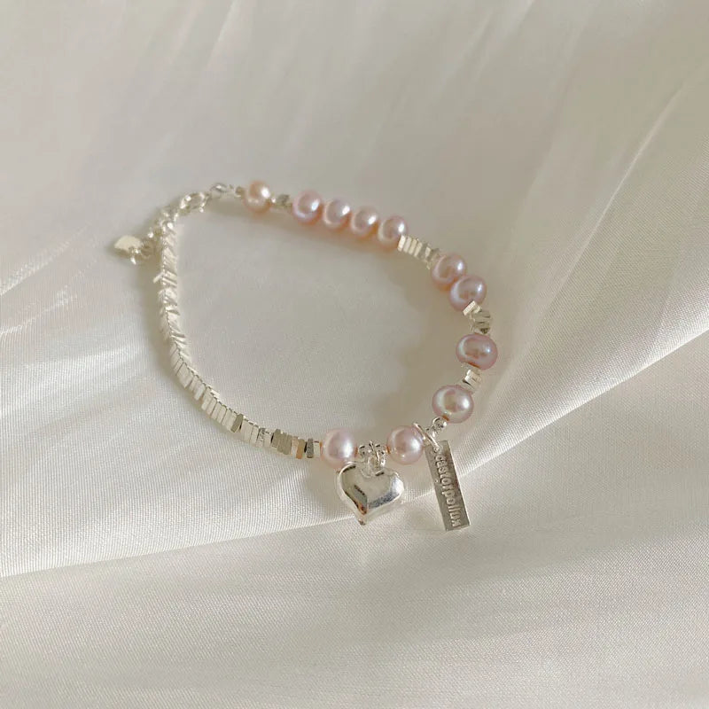 Pink Freshwater Pearl Broken Silver Beaded Bracelets 925 Sterling Silver Charm Heart Shape Women Bracelets Fine Jewelry