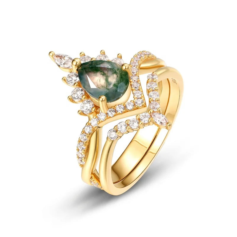 Luxurious Gold Plated Sterling Silver Bezel Setting Wedding Women's Ring with Geometric Natural Moss Agate Gemstone Ring
