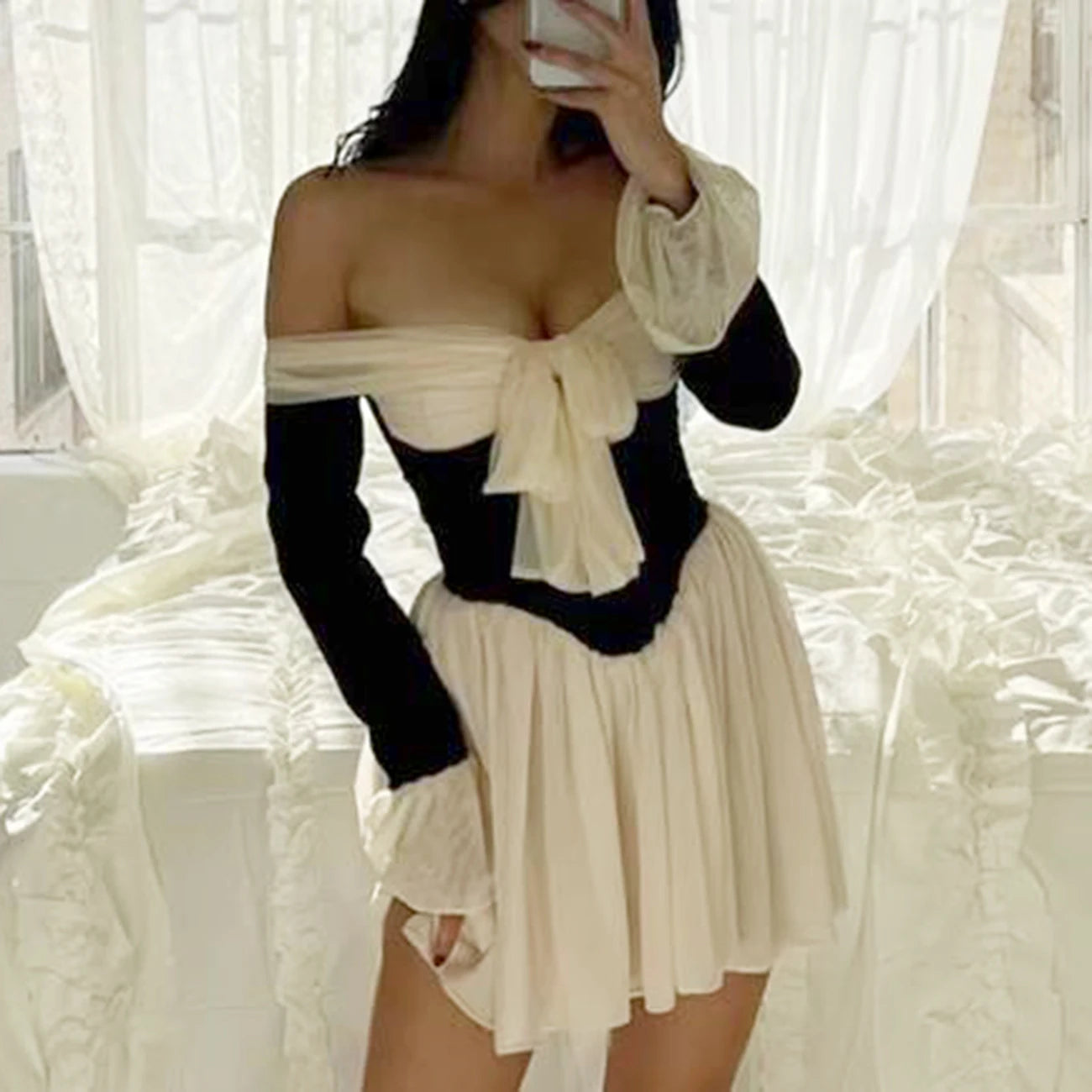 Enyami Ballecore Romantic Sweety Girls Elegant Strapless Black White Patchwork Shirred Cute Casual Mini Women A-line Dresses