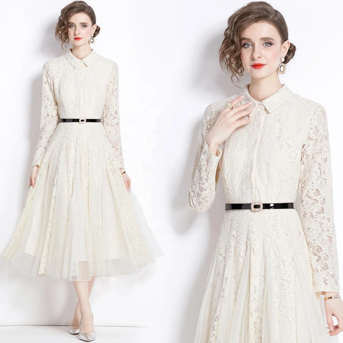 Spring Women's New Elegant and Elegant Long Skirt With Waistband Mesh Spliced Lace Dress