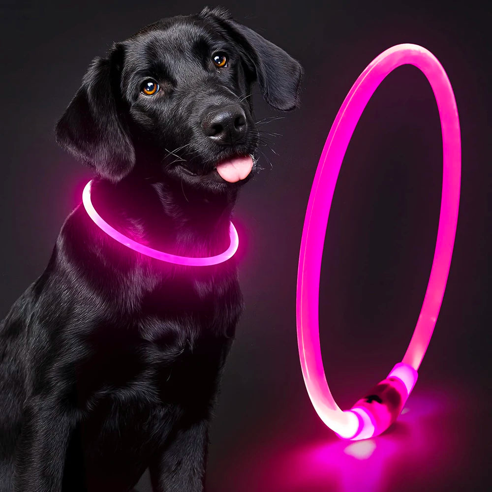 USB Safety LED TPU Silicone Waterproof Pet Dog Collar with Plaid Pattern Orange & Pink Ribbons for All Seasons