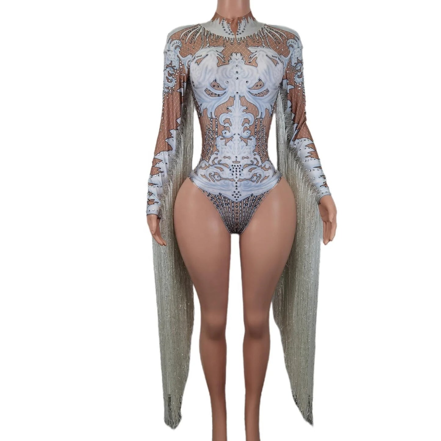 Designer Print Rhinestone Tassel Rompers Ladies Short Jumpsuit Slim Fit Show Dance Leotard Women Stage Performance Bodysuits