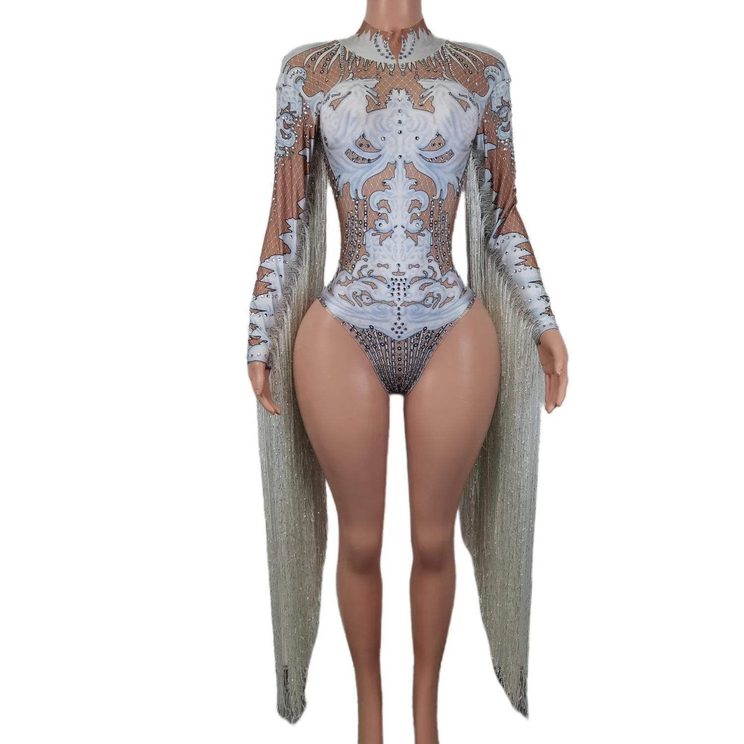 Designer Print Rhinestone Tassel Rompers Ladies Short Jumpsuit Slim Fit Show Dance Leotard Women Stage Performance Bodysuits