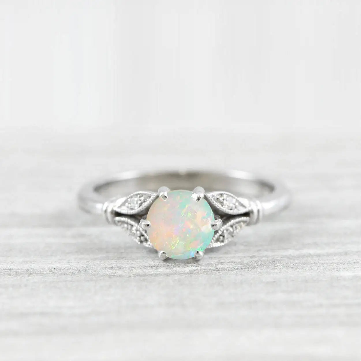Opal and diamond engagement solitaire nature inspired leaf floral ring in gold handmade for Her