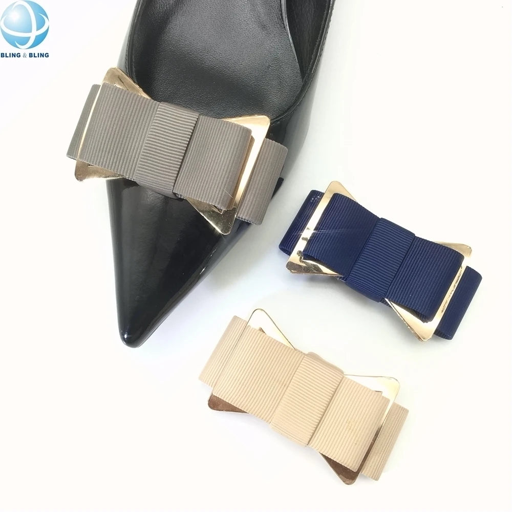Simple Matte Gold Buckle Fabric Grey Bow Shoe Clips Removable Ornaments Handmade Gift for Her