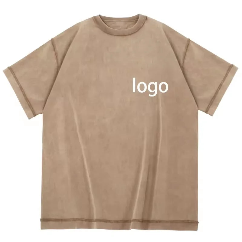 Custom Acid Wash Oversize Hooded Knitted Men's T-Shirt Streetwear Hip Hop With Dropped Shoulder