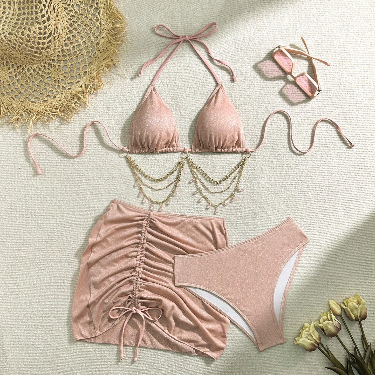 Glitter Fabric Gold Chain Bikini 3 Piece Set Pink Halter Side Tie Ruched Wrap Skirt Beach Resort Swimwear