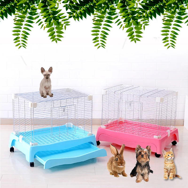 Easy Clean Wholesale Luxury Multi Size Blue pink Electroplate Steel Metal Iron Wire Plastic Tray Pet Dog Rabbit Cage with Whe