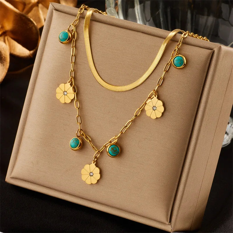 Trendy Tarnish Free 18k Gold Plated Turquoise Flower Pendant Necklace Stainless Steel Double Layer Snake Chain Necklace Women