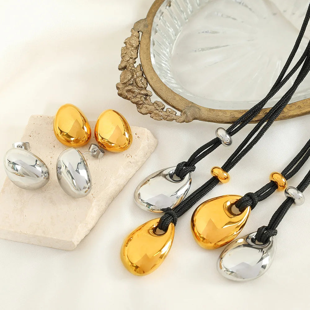 New Trendy Women 316L Stainless Steel Necklace Earring Set 18k Gold Plated Tarnish Free Waterdrop Jewelry Set