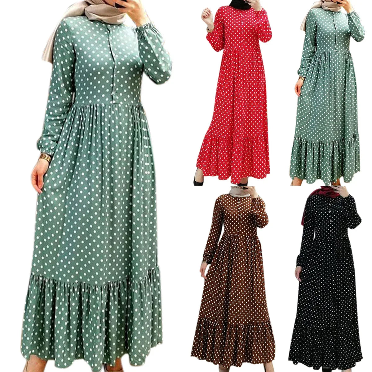 Wholesale Price Plain Color Fabric Abaya Dot Pattern Button Closure Top Pleated Abaya Women Muslim Dress