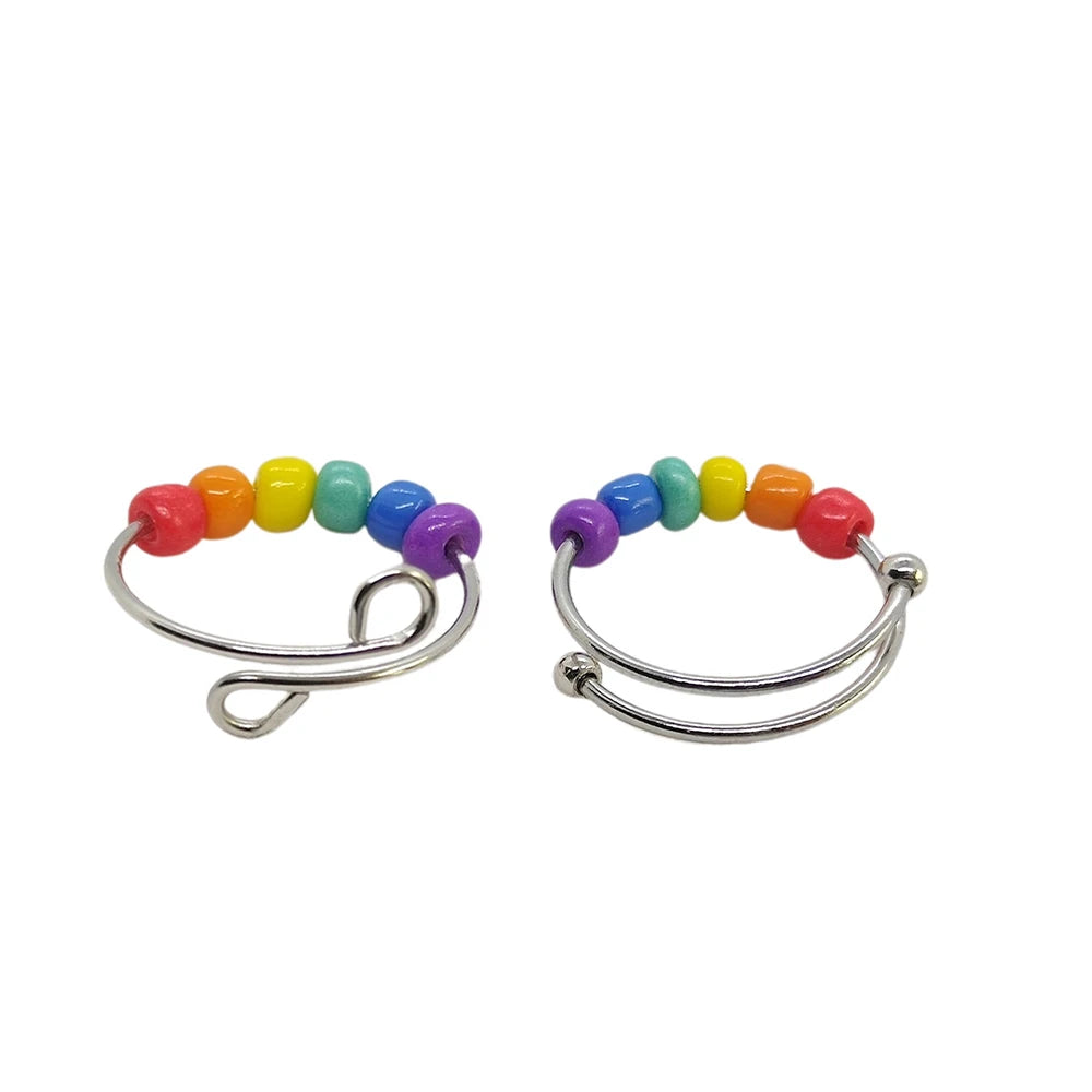 Stainless Steel ring Colored decompression anxiety Rice 6 Beads Colored Turn Open Adjustable Stainless Steel Ring Finger Ring