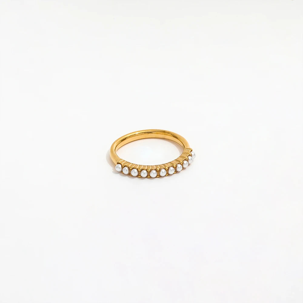 Fenny 18K Gold Plated High End Waterproof&Tarnish Free Elegant Row Pearl Pave Stainless Steel Finger Ring Wholesale Jewelry