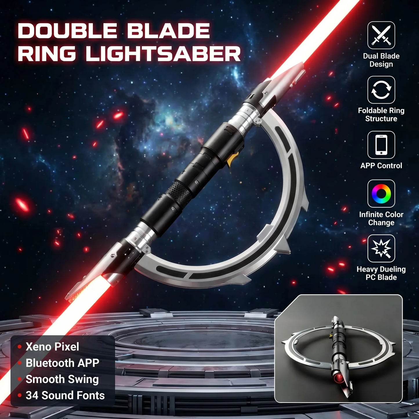 Xeno Pixel Double Blade Ring Lightsaber Foldable  APP RGB Color Change Smooth Swing Heavy Dueling Neopixel Laser Sword