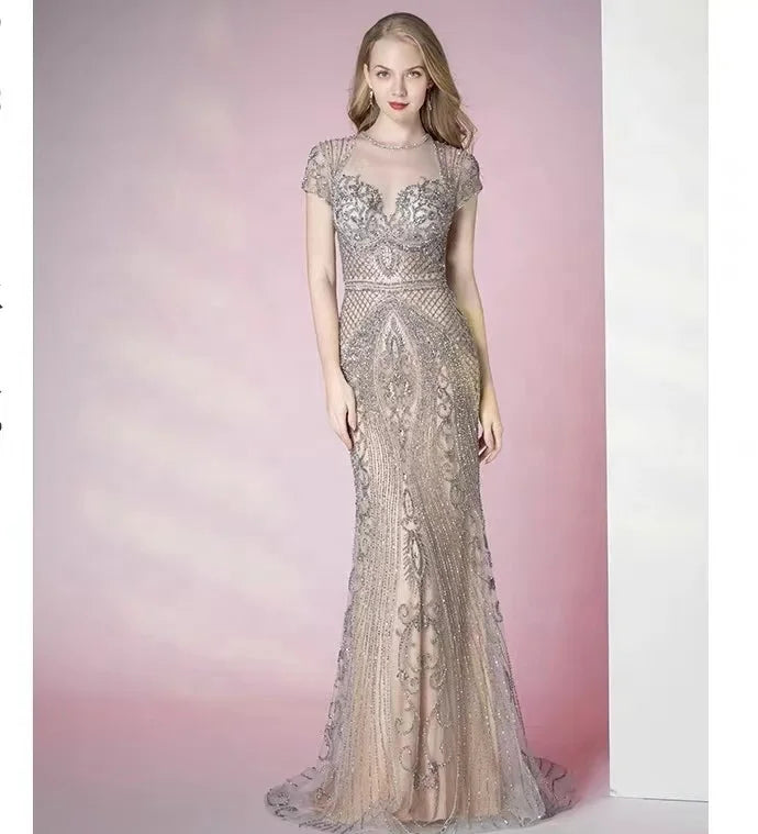 New Luxury Diamond Evening Dresses Gowns Cap Sleeve Mermaid Elegant for Women Party Dresses