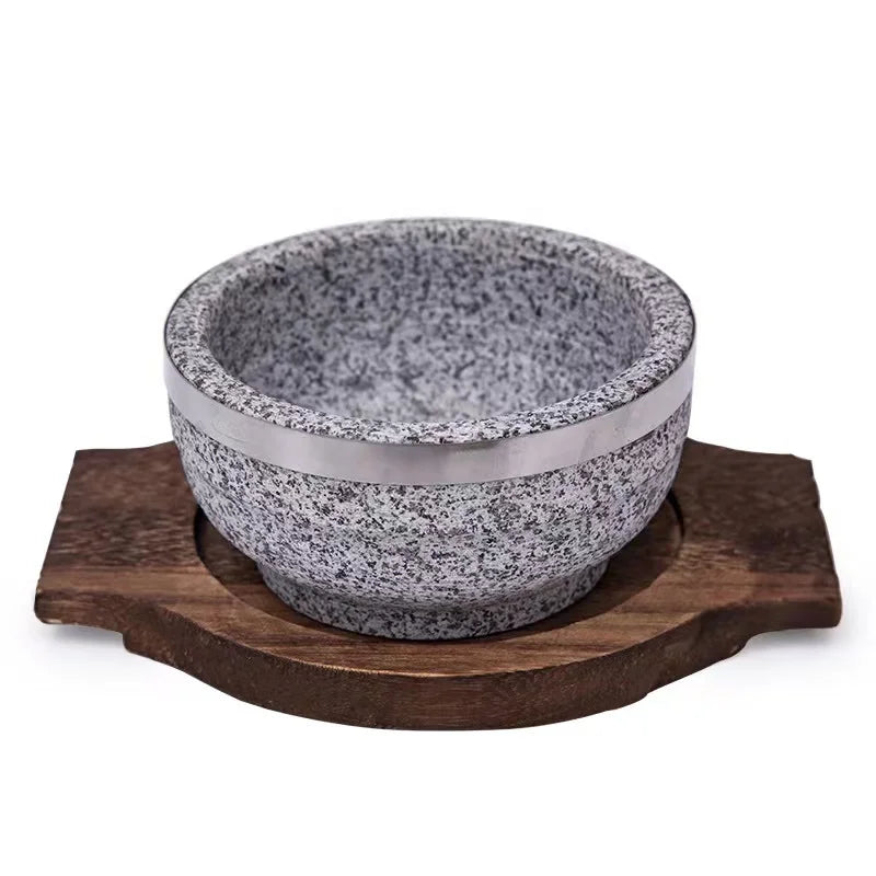 Korean Cuisine Dolsot Bibimbap Rice Soup Stone Bowl Hot Pot Sizzling Stone Cooking Bowl Wooden Tray Food Serving Stone Bowl