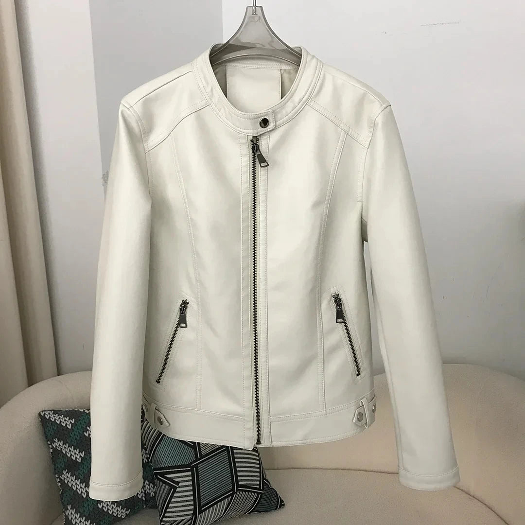 2024 Autumn New Fashion Woman's O-Neck Biker Coat Short Lapel Zipper Faux Leather Jacket Genuine Leather Top for Streetwear