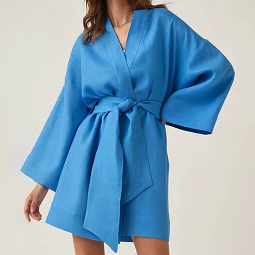 Women Casual Long Sleeve V Neck Belt Short Dress