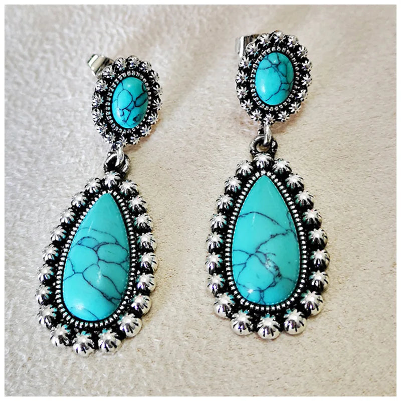 Antique Silver Plated Trendy Drop Shaped Turquoise Earrings Creative Exaggerated Design for Party & Wedding Gifts Alloy Mater