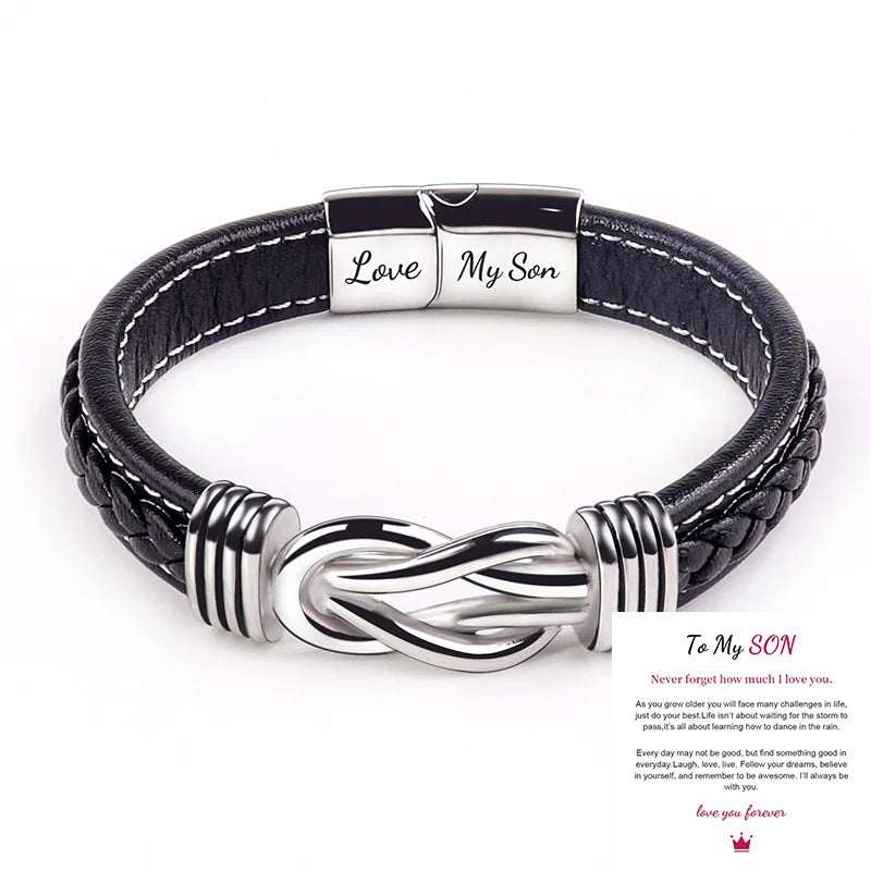 Love You Forever Braided Leather Stainless Steel Magnetic Clasp Beaded Agate Personalized 'My Son My Grandson' Message Jewelr