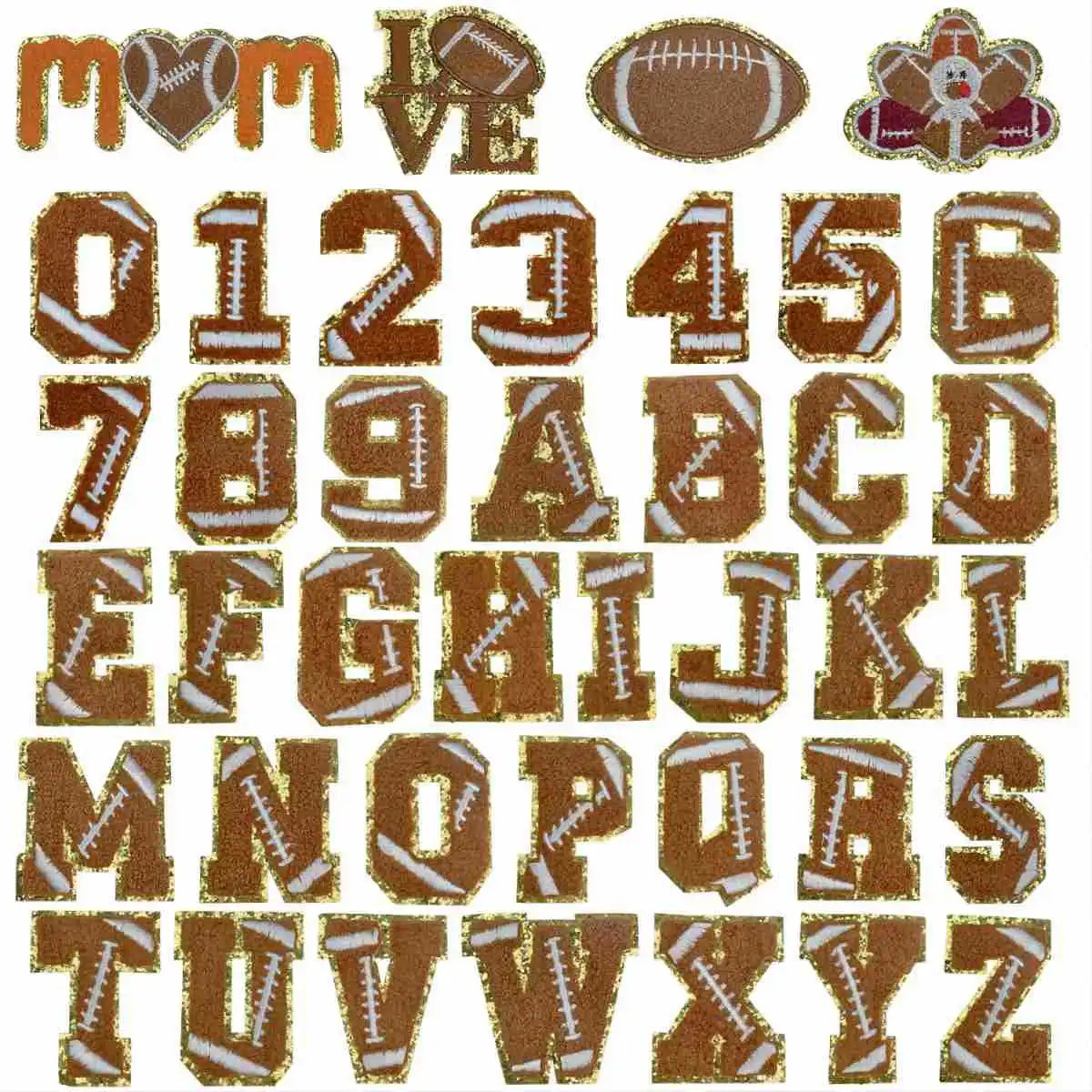 7CM Iron on Sport  Glitter Gold Edge Rugby Pattern Chenille  Letter Number Patches for Hat Clothing Decoration