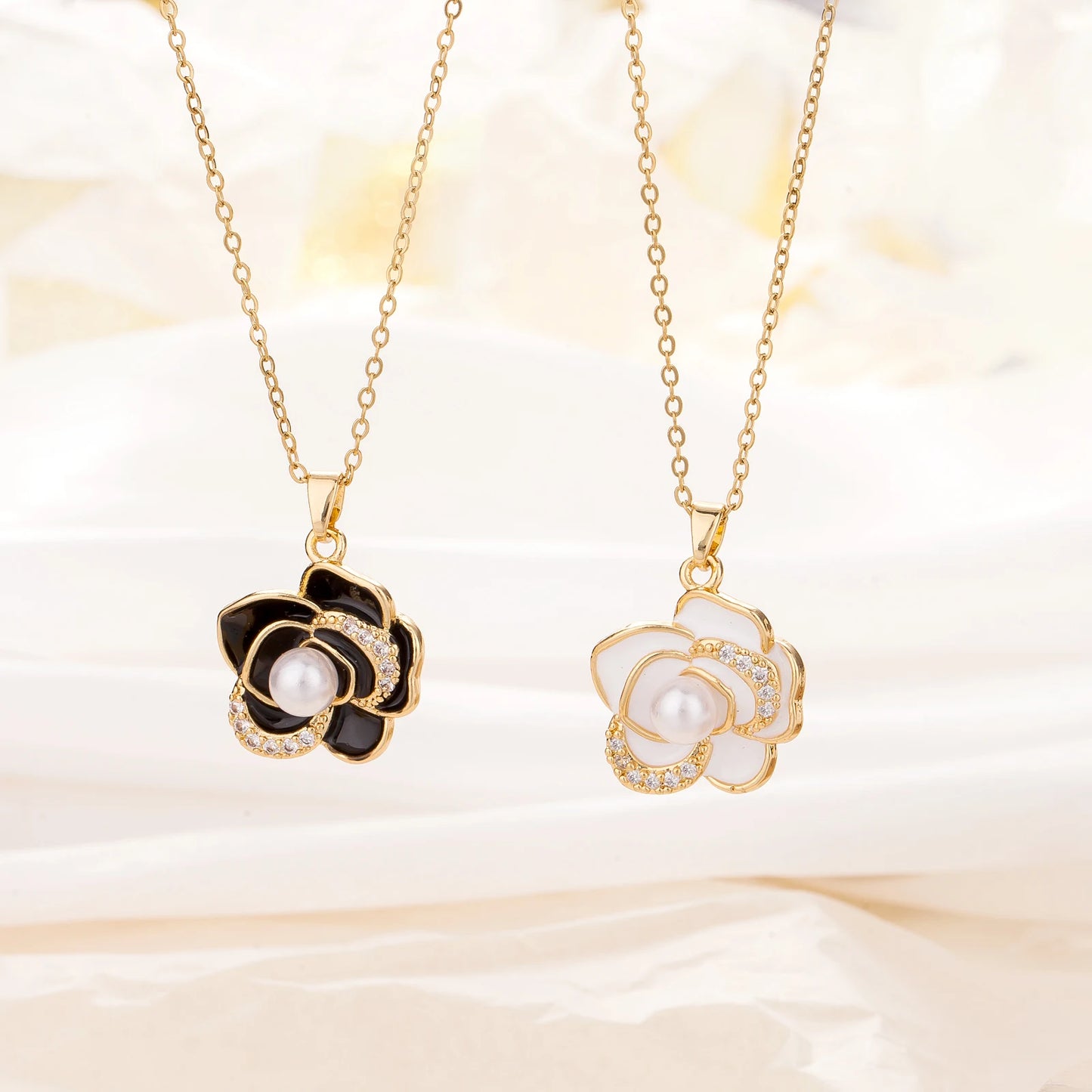 Hot Sale No Fade Fashion Jewelry Stainless Steel Drip Oil Flower Necklace Retro Camellia Pendant Necklace