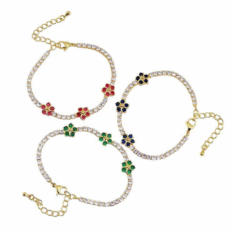 Dainty Chic 18K Gold Plated CZ Flower Tennis Bracelet Colorful Cubic Zirconia Adjustable Bracelet for Women Trendy Jewelry Gi