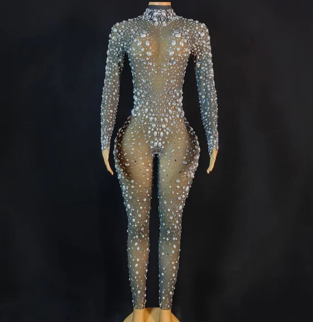 Fashion Perspective Pearls Sequin Rompers Female Show Party Outfits Dancer Leotard One Piece Bodysuit Women Rhinestone Jumpsu