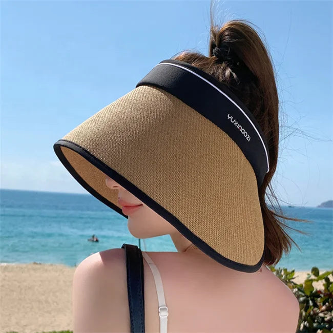 New 2024 Summer INS Fashion Beach Sun Straw Hat Knitted Empty Top Large Brim Straw Hat Visor Cap