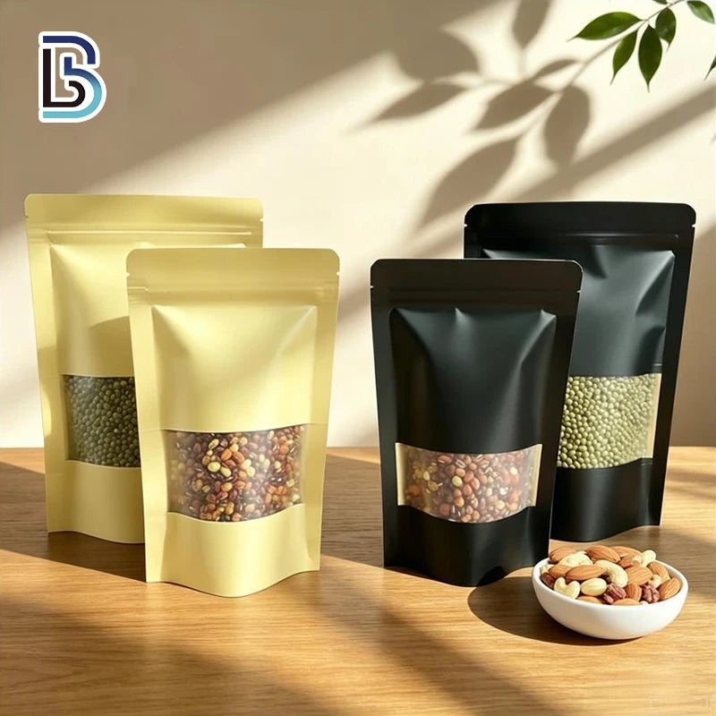 Lebei Packing Food Grade Reusable Kraft Paper Stand up Pouch With Window Zipper Food Nuts Packaging Bag