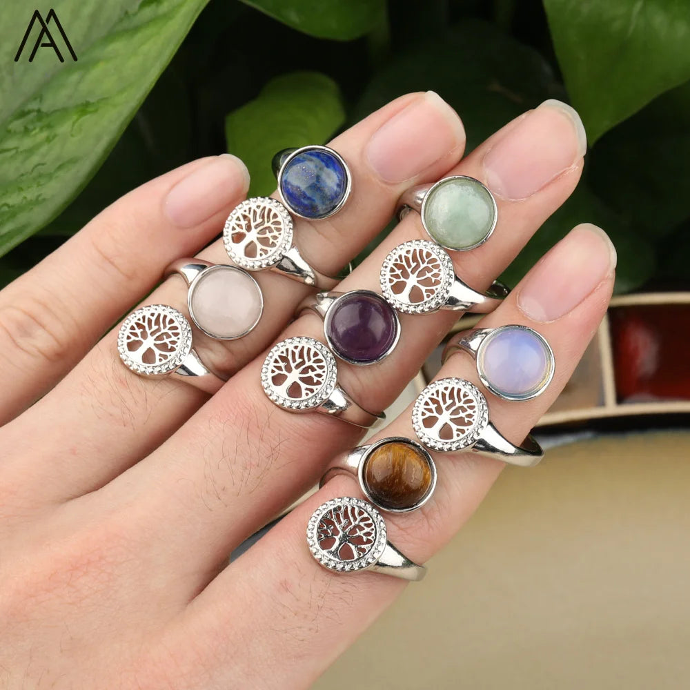 Silver Ring  Round Beads  Gemstone Crystal  Tree of Life  Reiki Chakra Jewelry