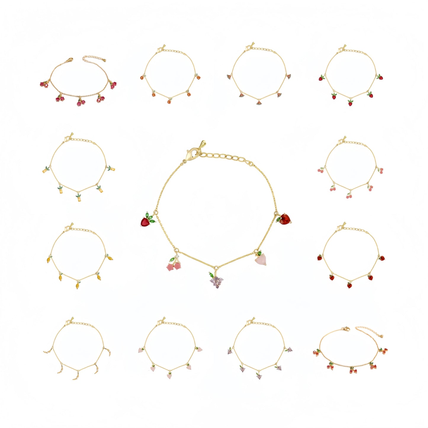 Cute Women's Fruit Chain Bracelet with Cherry Strawberry Green Leaves Diamond Ruby Stones in Heart Shape Tassel Design