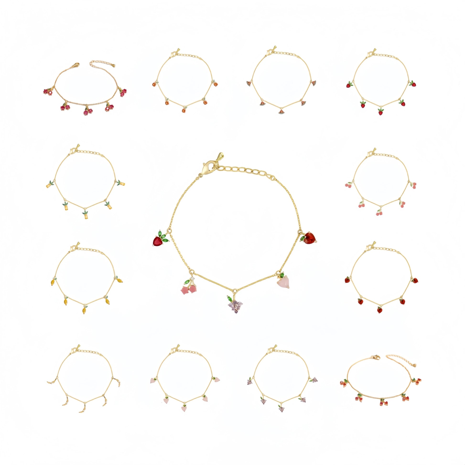Cute Women's Fruit Chain Bracelet with Cherry Strawberry Green Leaves Diamond Ruby Stones in Heart Shape Tassel Design