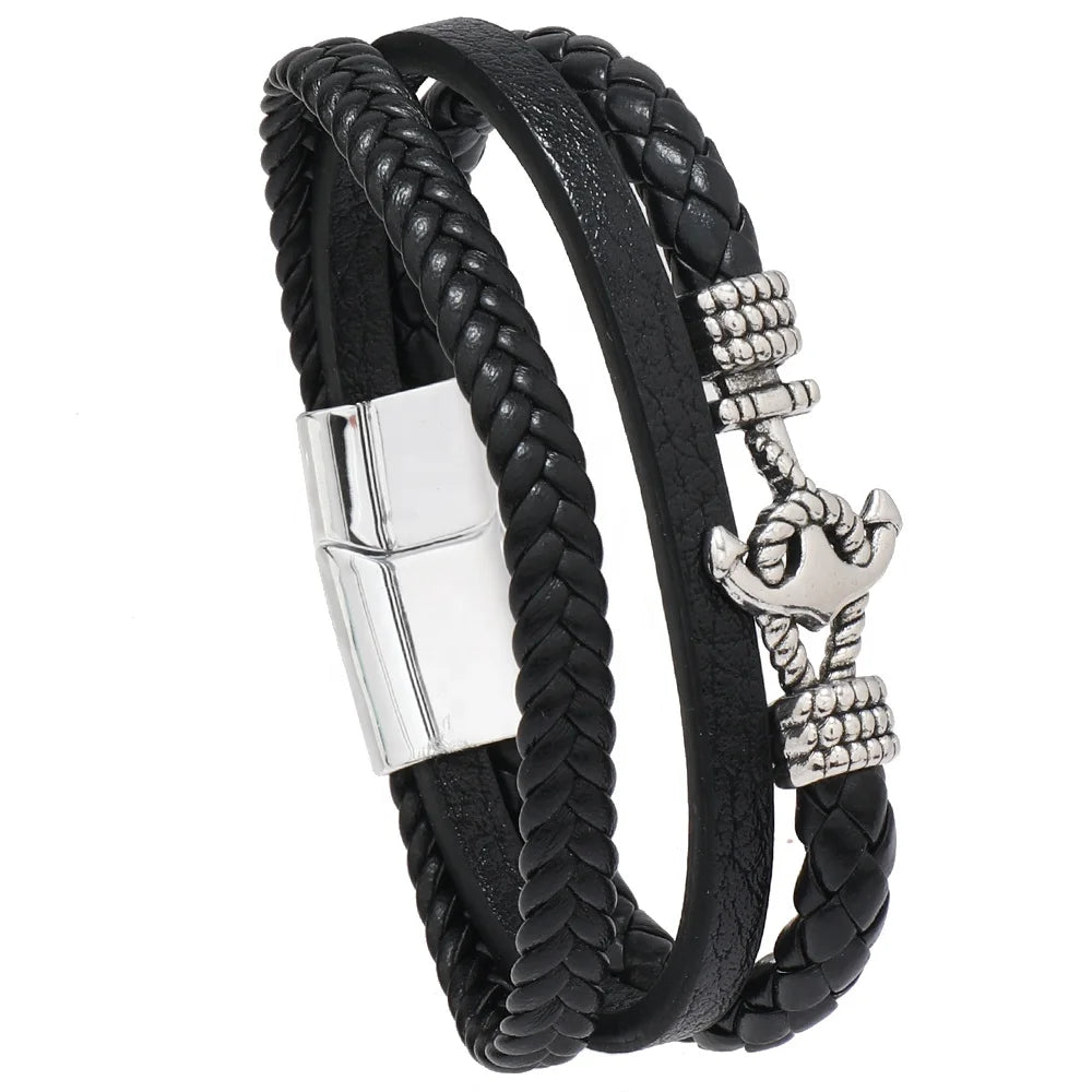 Wholesale Hip-hop Rock Jewelry Bracelets Bangles Fashion Anchor PU Leather Bracelet for Men