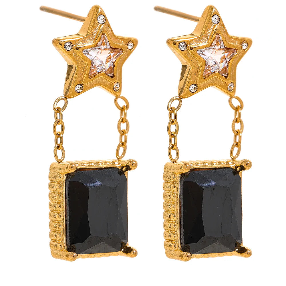 JINYOU 1473 Star Square Black Cubic Zirconia Drop Dangle Stainless Steel Earrings Stylish Korean Trendy Waterproof Jewelry Wo
