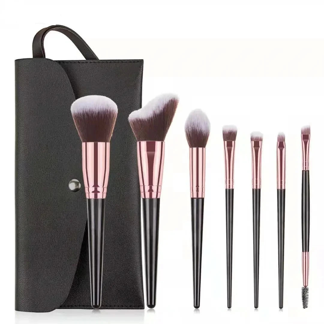 New Product Wholesale 7pcs Synthetic Hair Face Makeup Brush Set with Wood Handles and Fan Brush