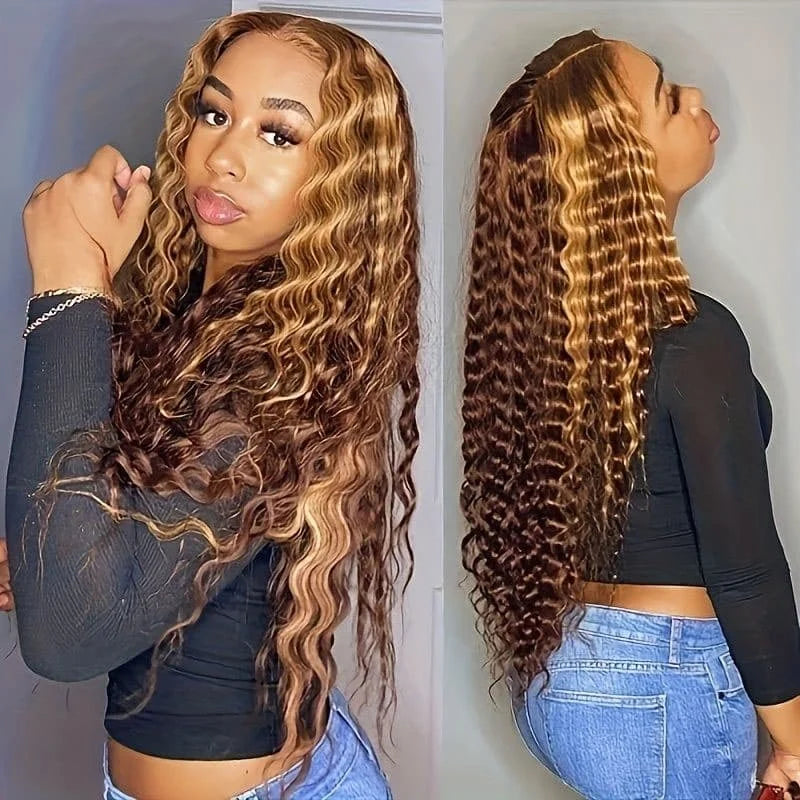 Honey Blonde Highlight Brazilian Hair 13x4 HD Lace Front Wig Deep Wave Wig with Transparent Lace Long Straight Style