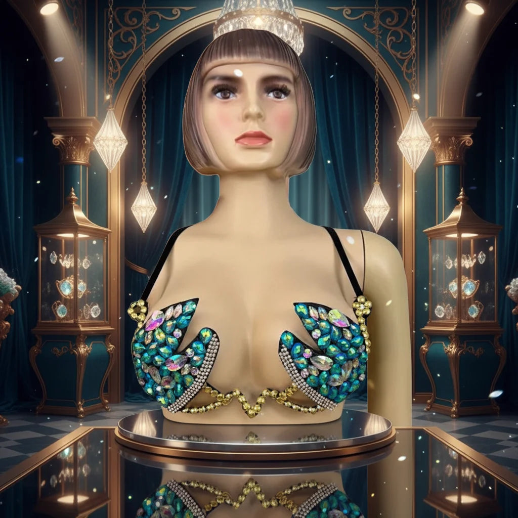 Handmade Samba Carnival Rainbow Stone Sexy Belly Dancing  Costume Bling Bling Wire Bra Top for Performance Wear EDC Rave Outf