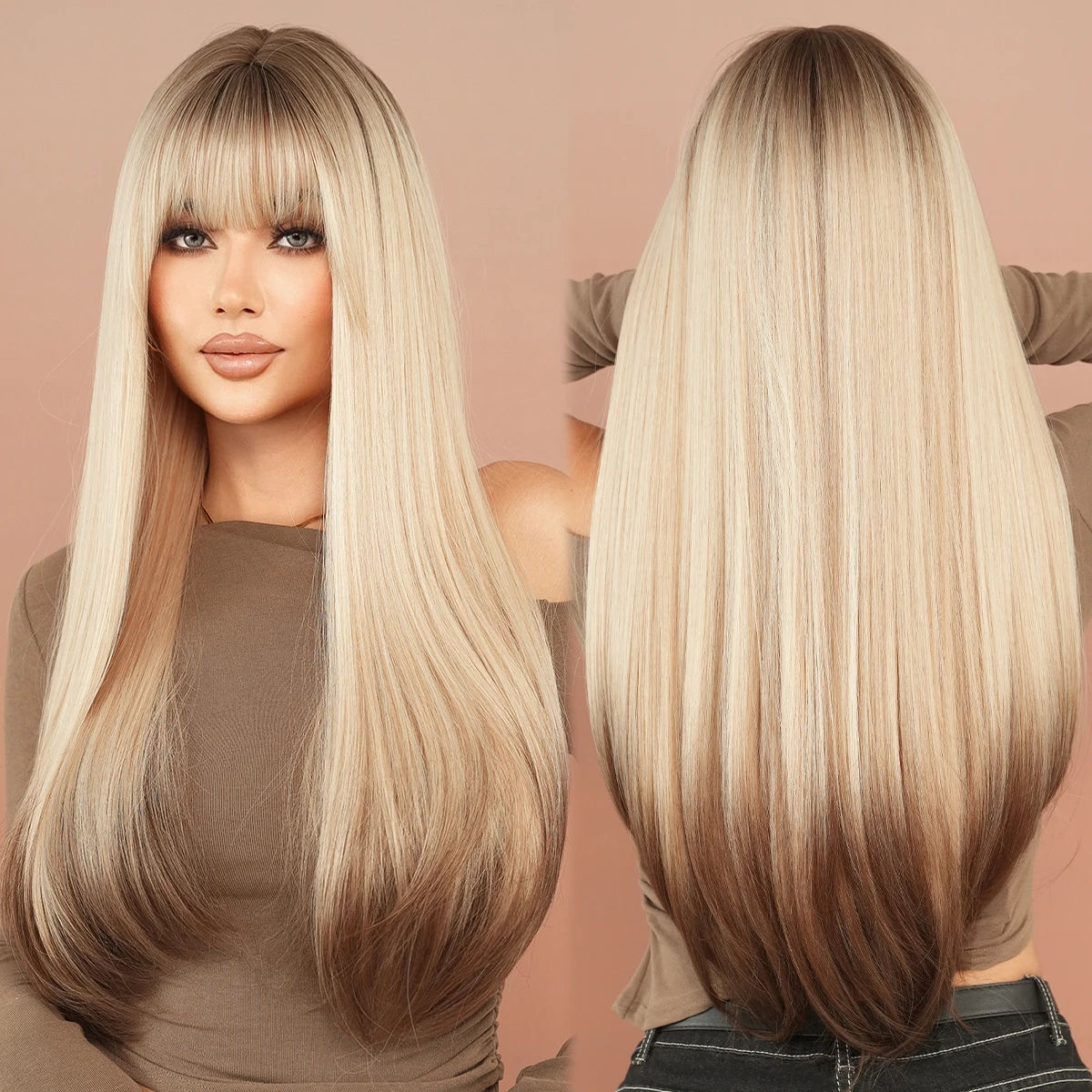 Wig with Bangs 28in Ash Platinum Blonde Wig with Brown Roots and Brown Hair Tail Dye Natural Synthetic Layered Highlight Wigs