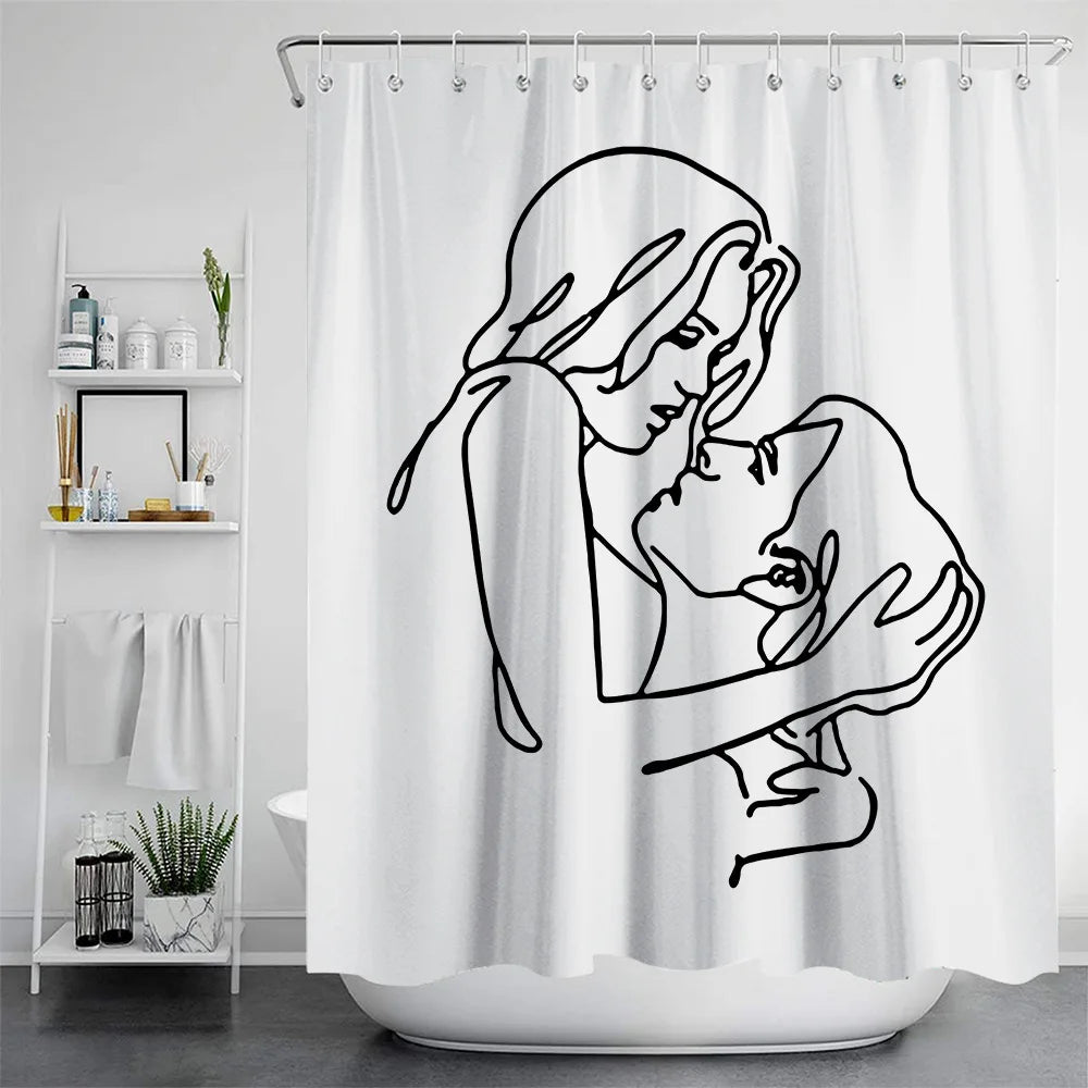 Waterproof Polyester Bathroom Shower Curtain with Hook Simple Line Stick Figure Series Digital Printing Bath Curtain Decorati