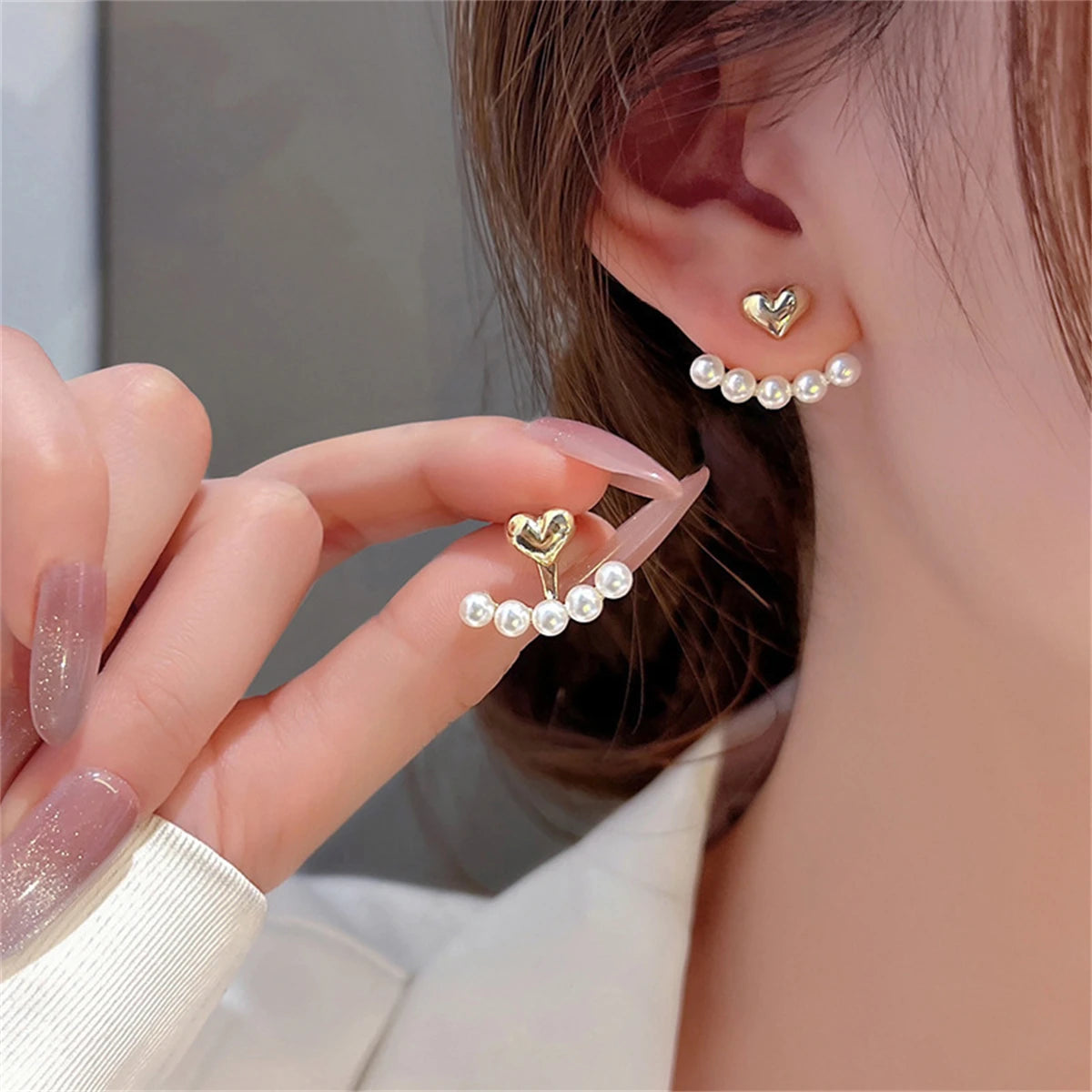 Rinhoo Trend Korean Style Love Heart Pearl Earrings Cute Flower Rhinestone Stud Earrings for Women Fashion Jewelry Birthday G