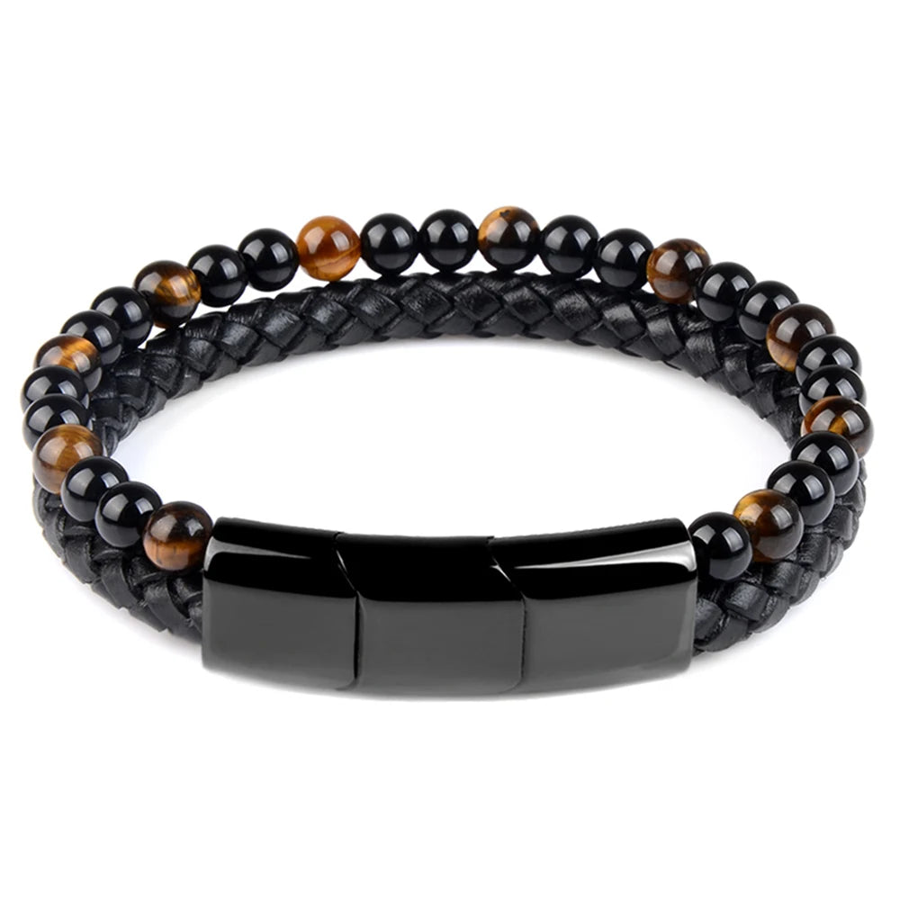 Custom Stainless Steel Magnetic Clasp Black Genuine Leather Natural Tiger Eye Lava Stone Beads Bracelet