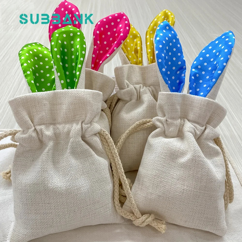 Subbank Multicolor Ears Sublimation Linen Bunny Drawstring Bag Easter Egg Hunt Sack Blank Custom DIY Holiday Party Favor Pouc