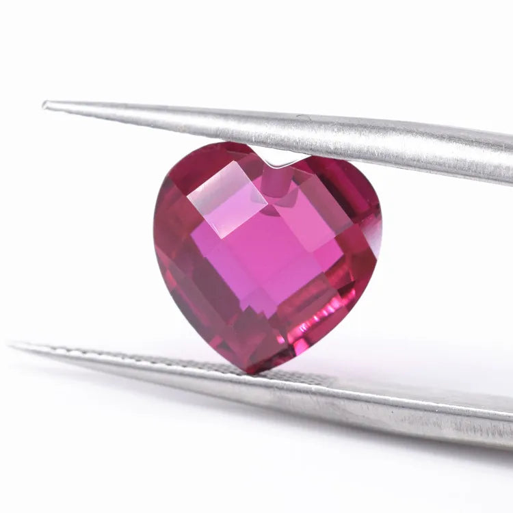 Wholesale Price Synthetic Loose Gemstone Beads Corundum Stone Heart Cut Double Checkerboard With Half Hole 5# Red Ruby Stone